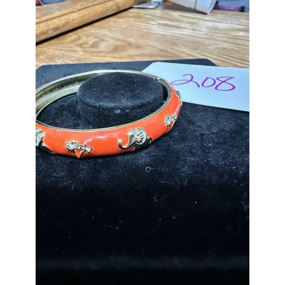Sequin Nordstrom Orange Elephant Gold Tone Statement Enamel Bangle Bracelet #90